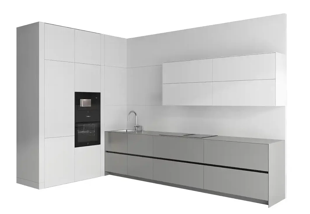 Modern Handleless Kitchen Cabinet Design in White and Gray