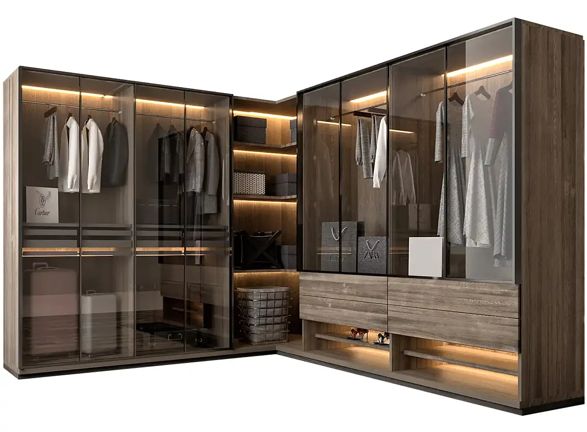 Modern L-Shaped Walk-in Closet with Glass Doors and LED Strip Lighting