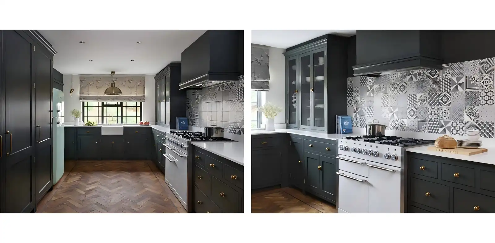 Dark gray kitchen base cabinets with brass hardware, herringbone flooring, and glass-front upper cabinets in traditional-modern kitchen with patterned backsplash