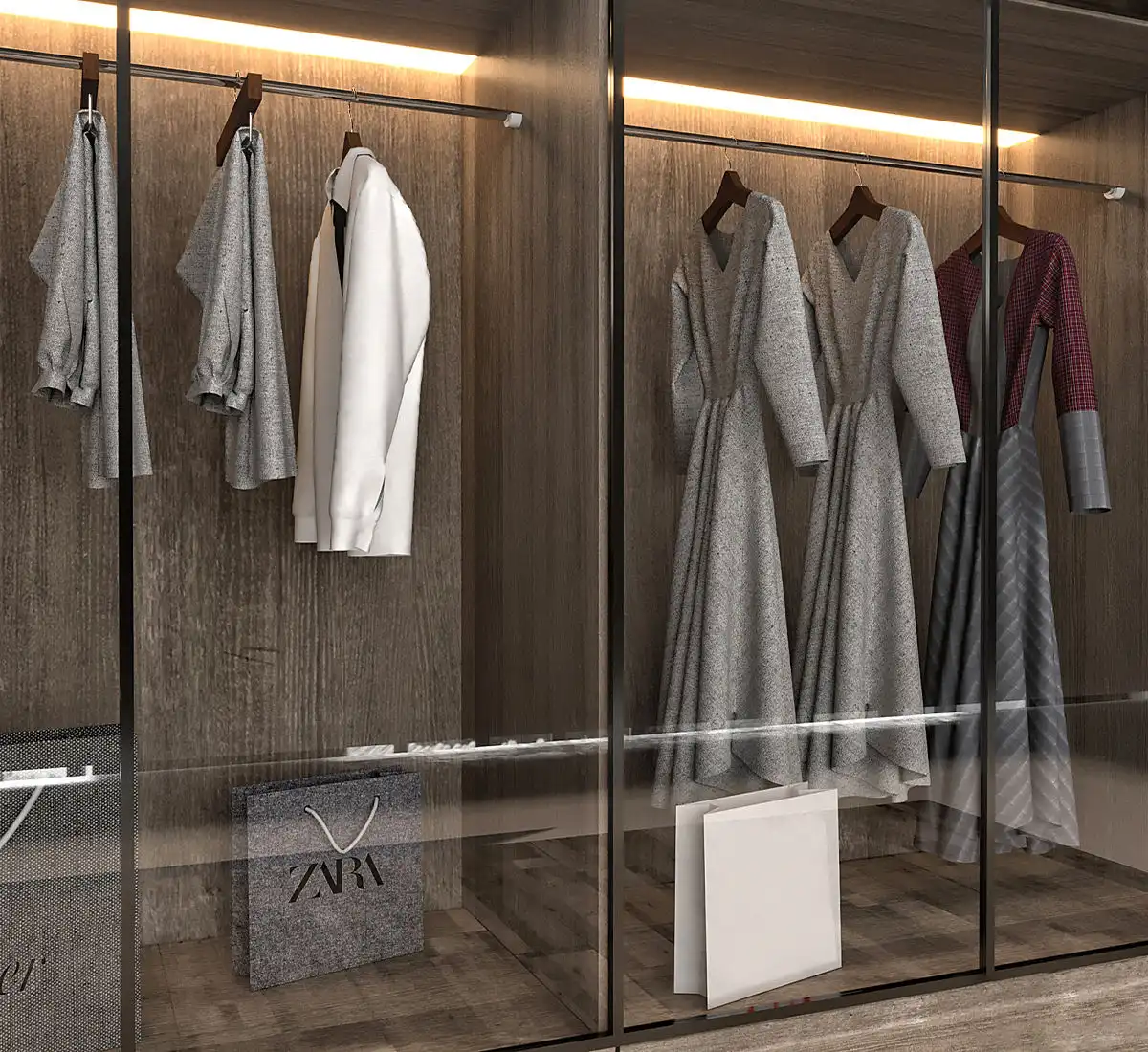 Modern Luxury Walk-in Closet Design with Glass Front Cabinetry and LED Lighting