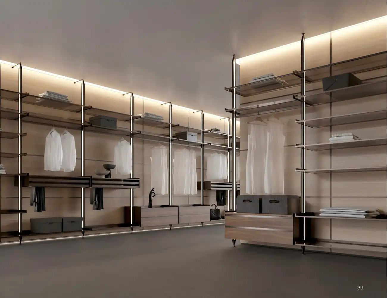 Modern Minimalist Walk-in Closet with Open Shelving and LED Lighting