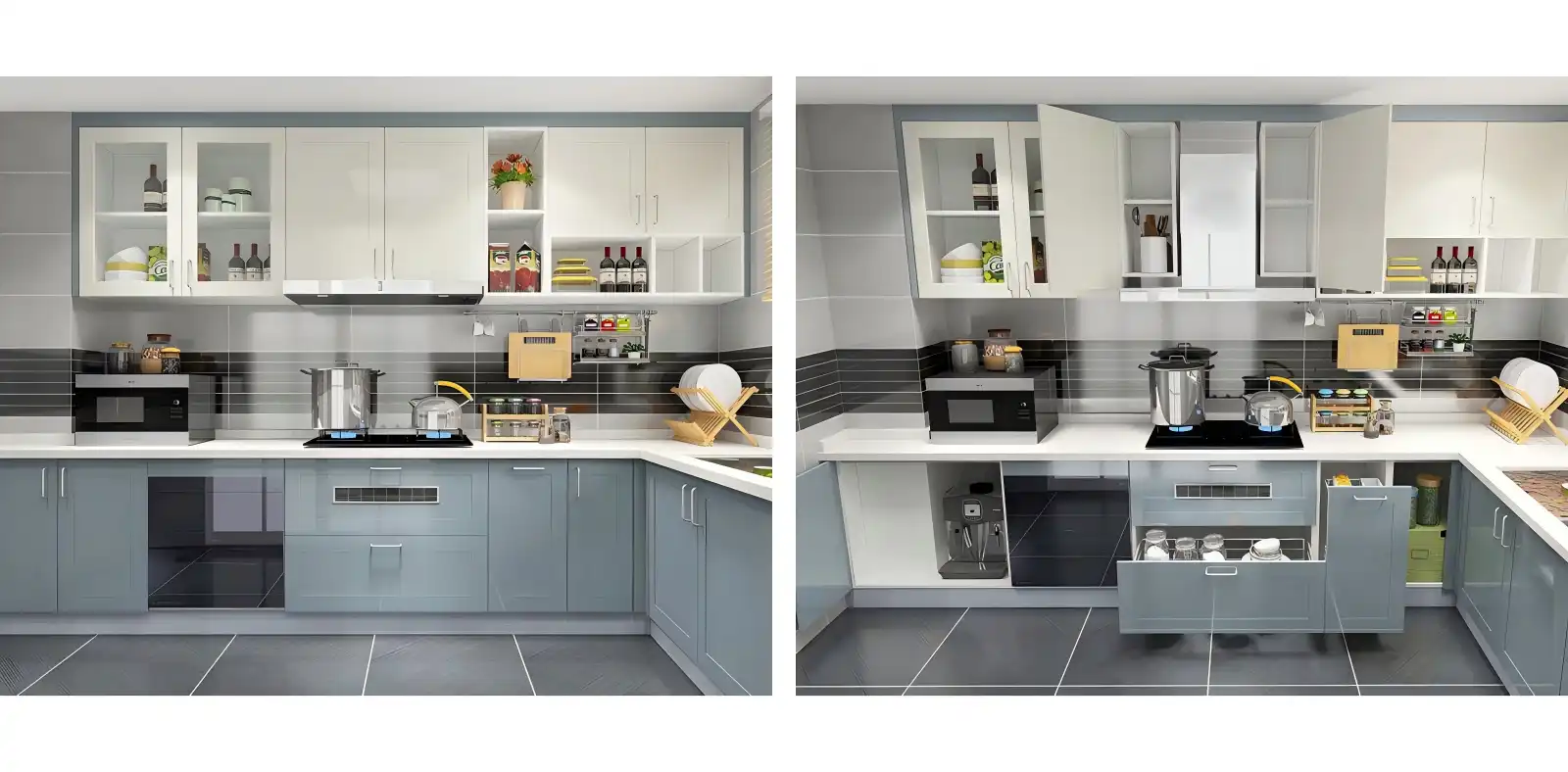 Grey kitchen base cabinets with open/closed storage compartments, organized cookware, and upper cabinet integration in modern kitchen design