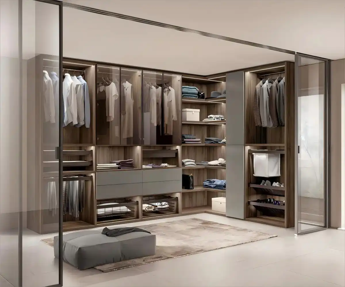 Modern Walk-in Closet with Glass Sliding Doors and Integrated LED Lighting