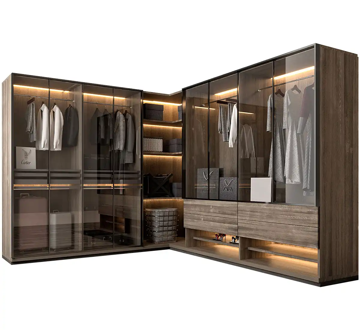 Modern Luxury Walk-in Closet Design with Glass Front Cabinetry and LED Lighting