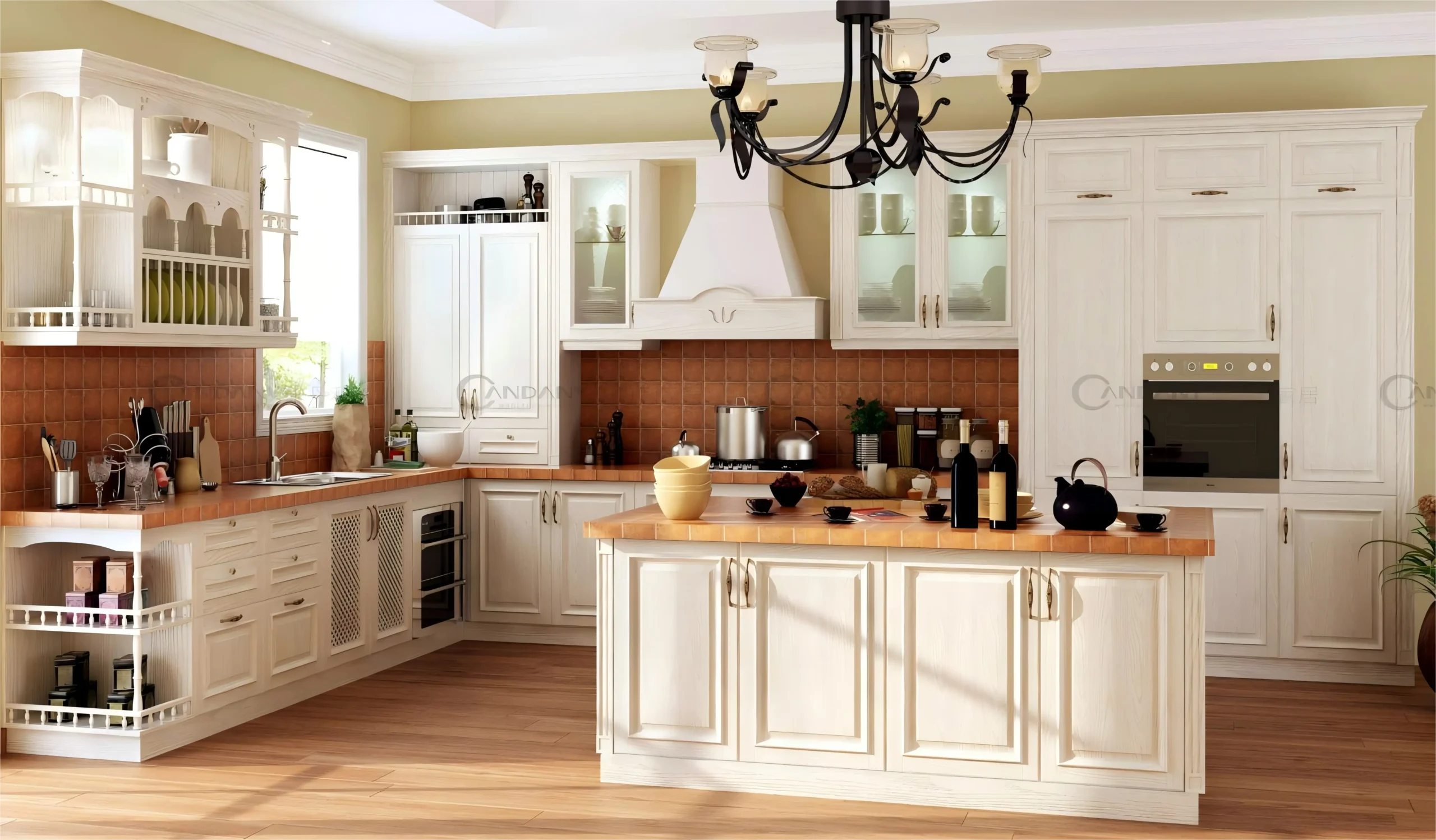 Traditional White Kitchen Cabinets with Glass Front Display and Ornate Details