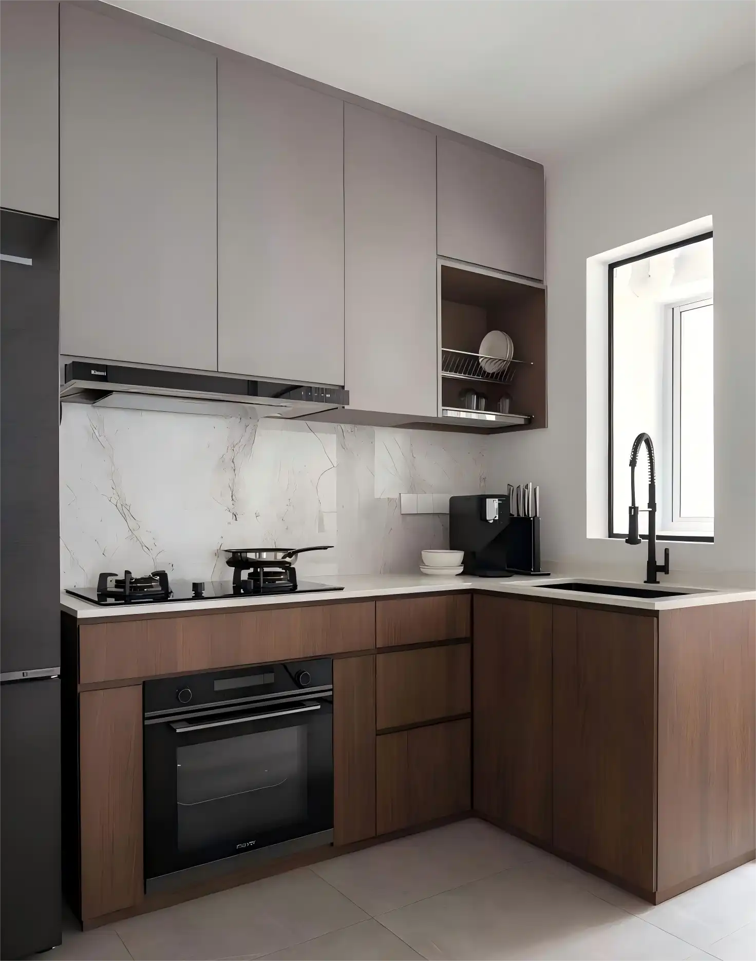 Modern Wall Kitchen Cabinet Design with Light Gray Matte Finish and Open Shelving