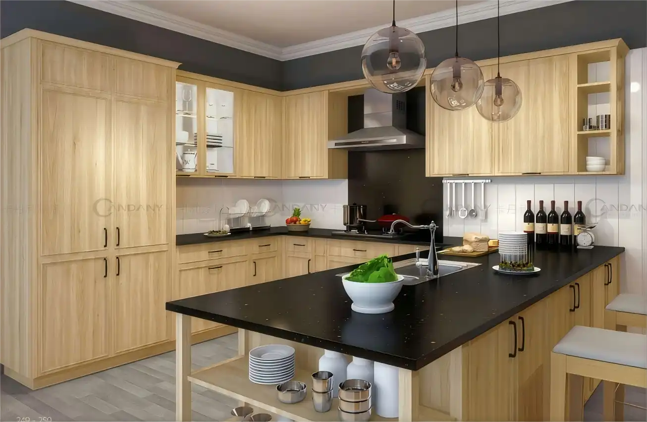 Modern Light Wood Kitchen Cabinets with Glass Front Display and Central Island