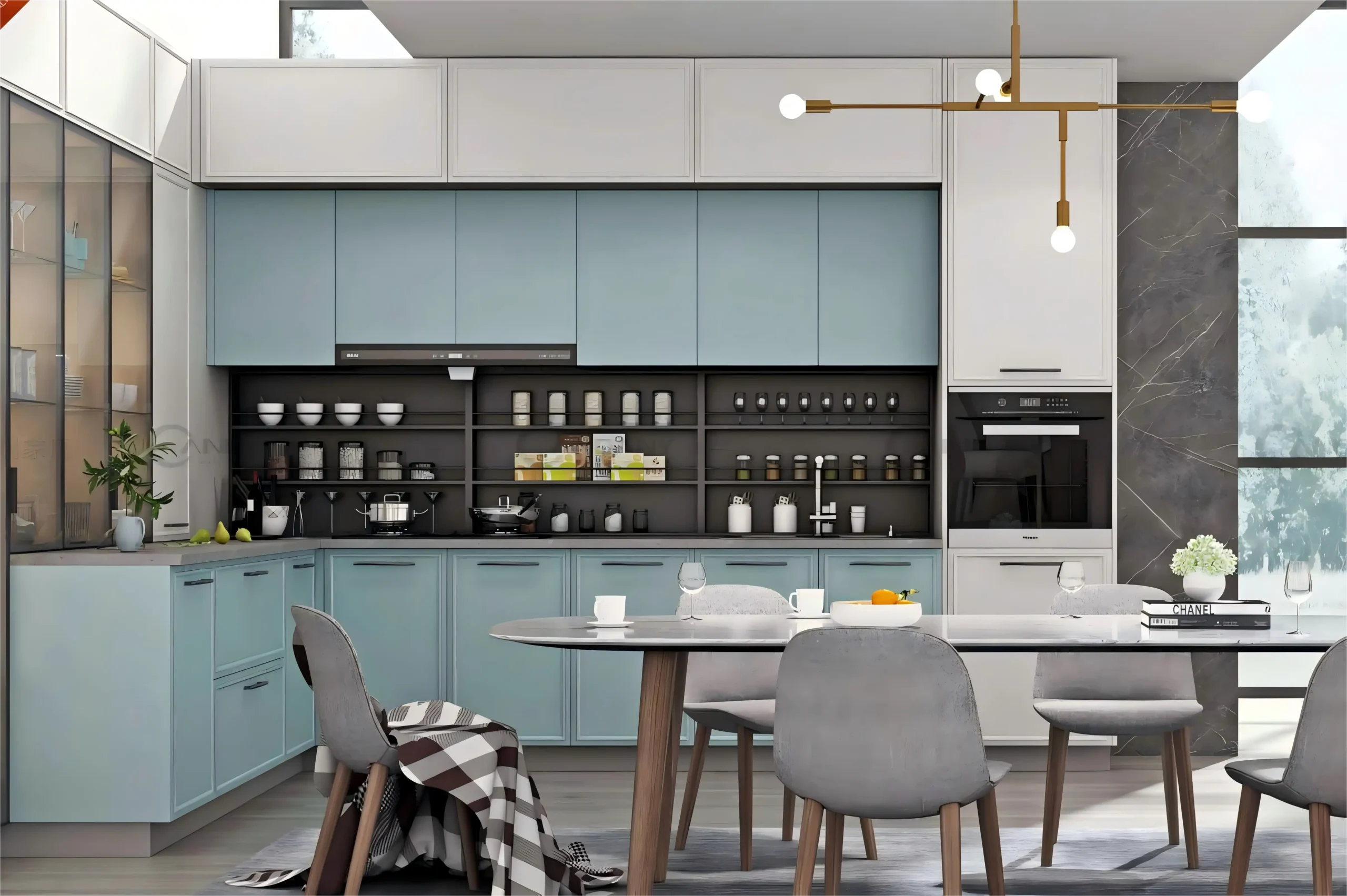 Modern Two-Tone Blue and White Kitchen Cabinets with Open Shelving