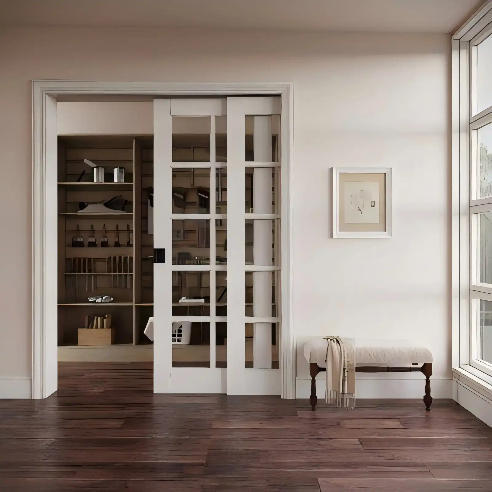 Traditional White Sliding Interior French Doors with Grid Pattern Glass Panels