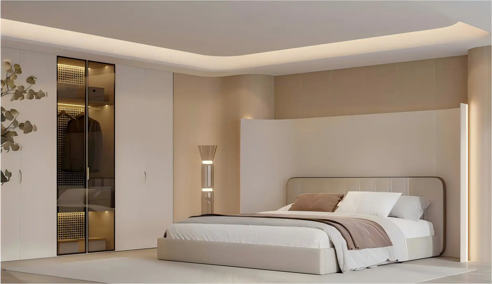 Contemporary master bedroom design with glass-paneled wardrobe, curved ceiling lighting, and neutral color scheme