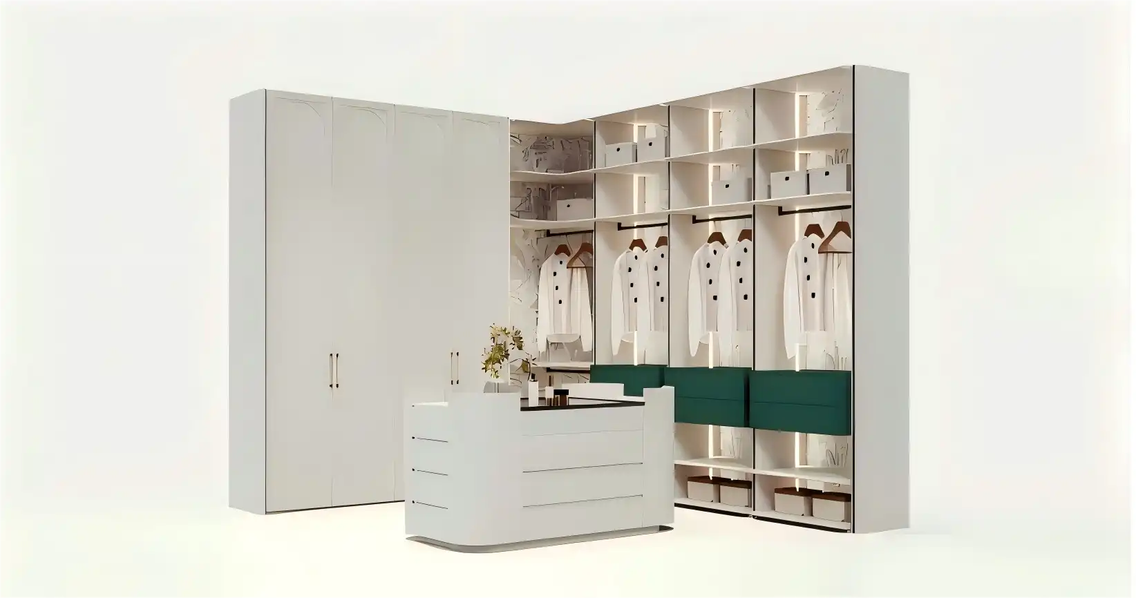 Modern master bedroom closet with white cabinetry, green drawers, and integrated LED lighting