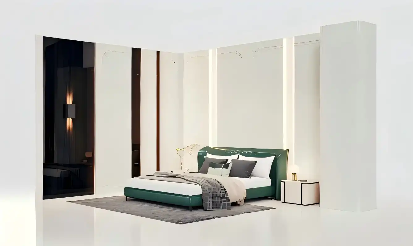 Minimalist master bedroom interior with green leather bed, white paneled walls, and glass partition