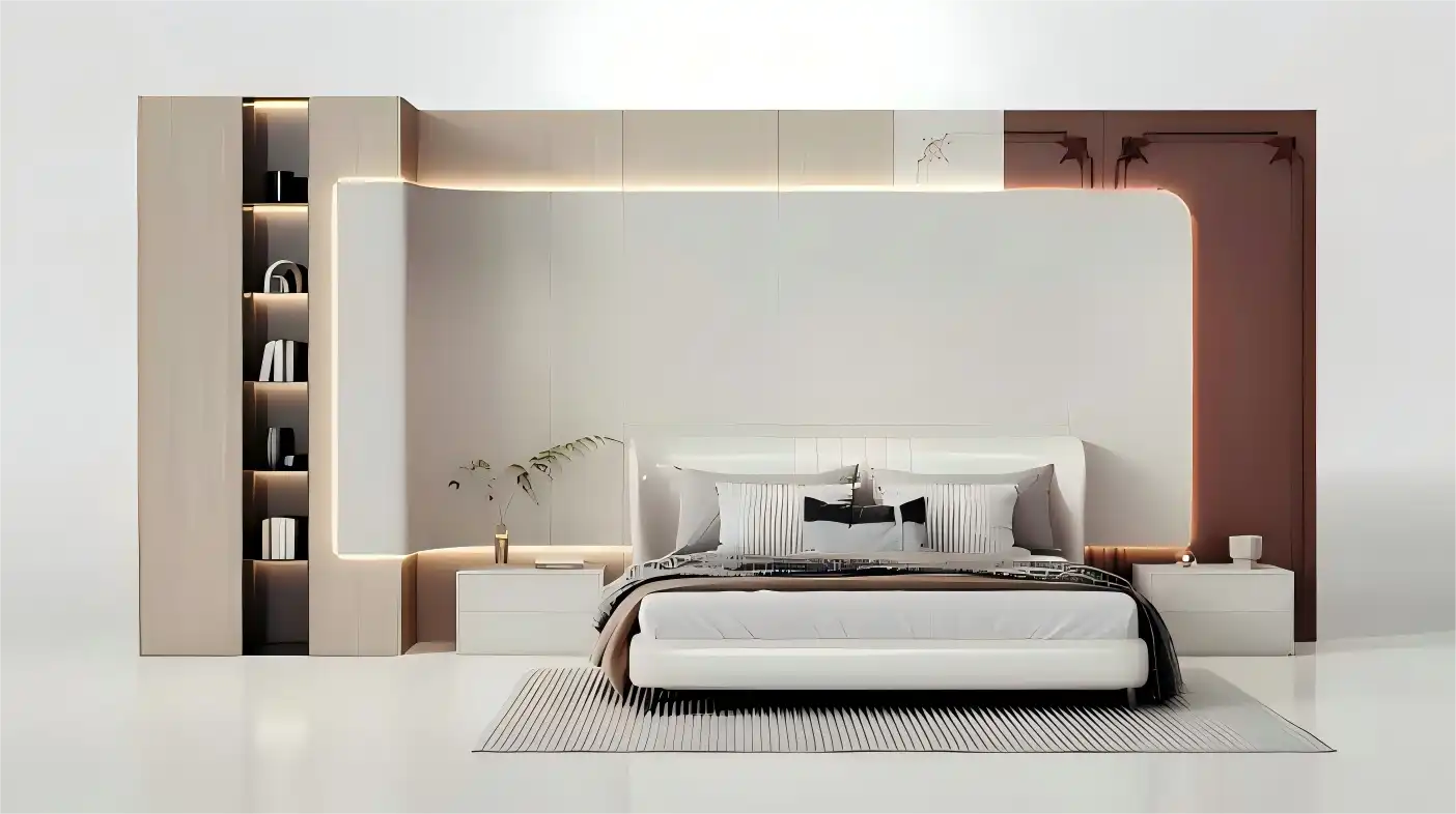 Contemporary master bedroom with artistic headboard wall, floating nightstands, and ambient shelf lighting