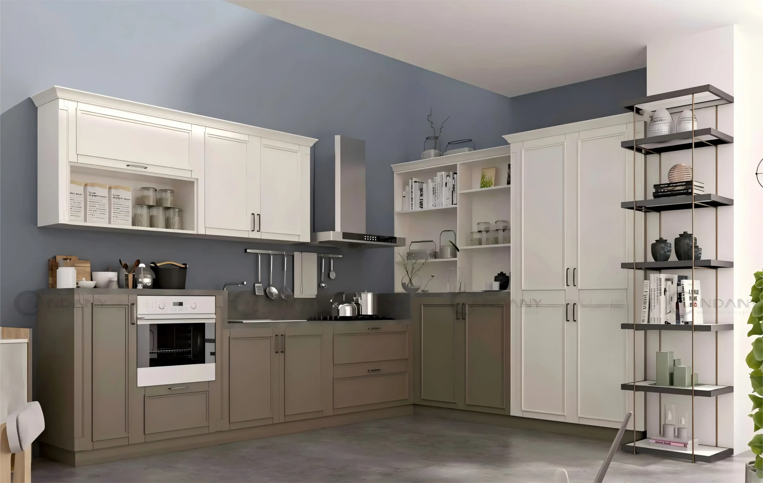 Modern Two-Tone White and Gray Kitchen Cabinets with Open Shelving