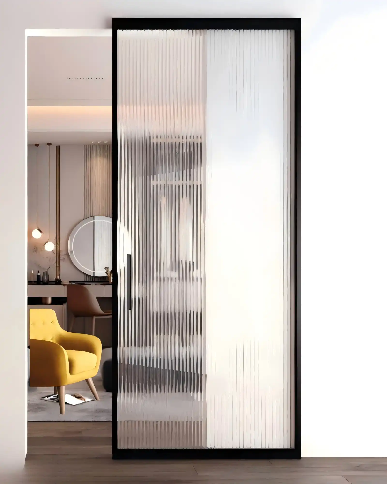 Modern Interior French Doors with Black Frame and Vertical Ribbed Glass Panels