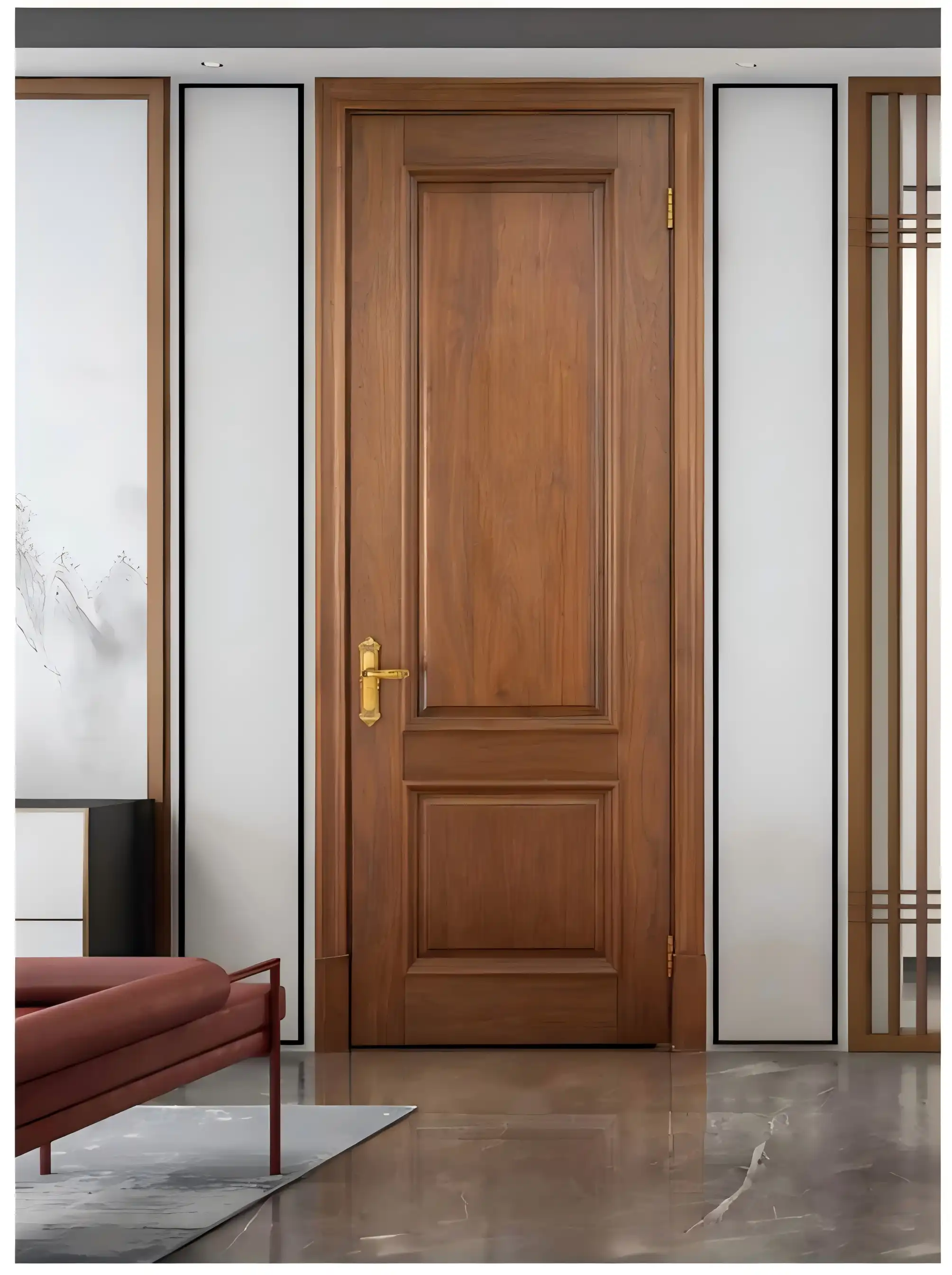 Modern Solid Wood Door with Gold Hardware and Symmetrical Wall Paneling