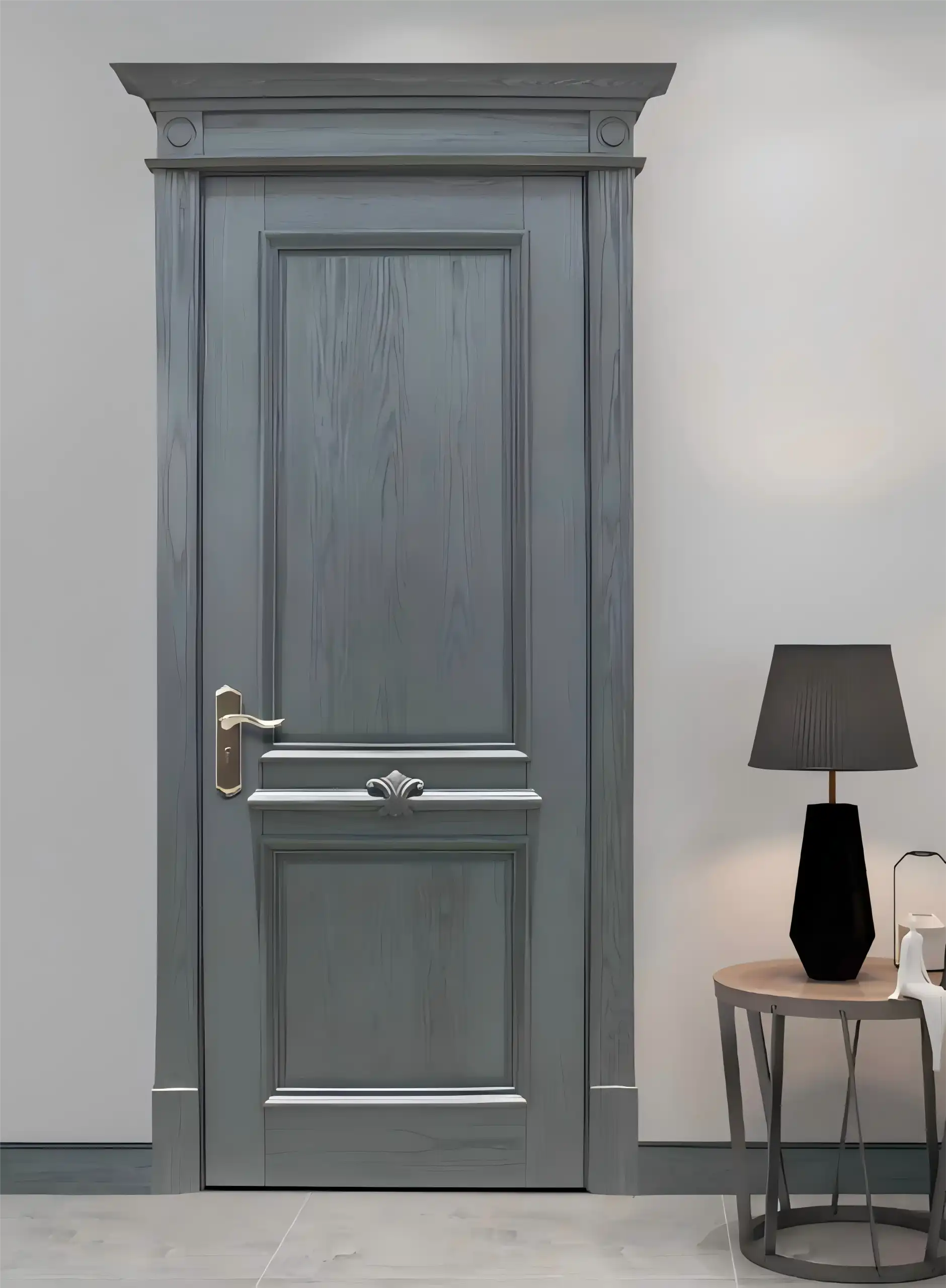 Classic Gray Paneled Wooden Door with Brass Hardware and Architectural Molding