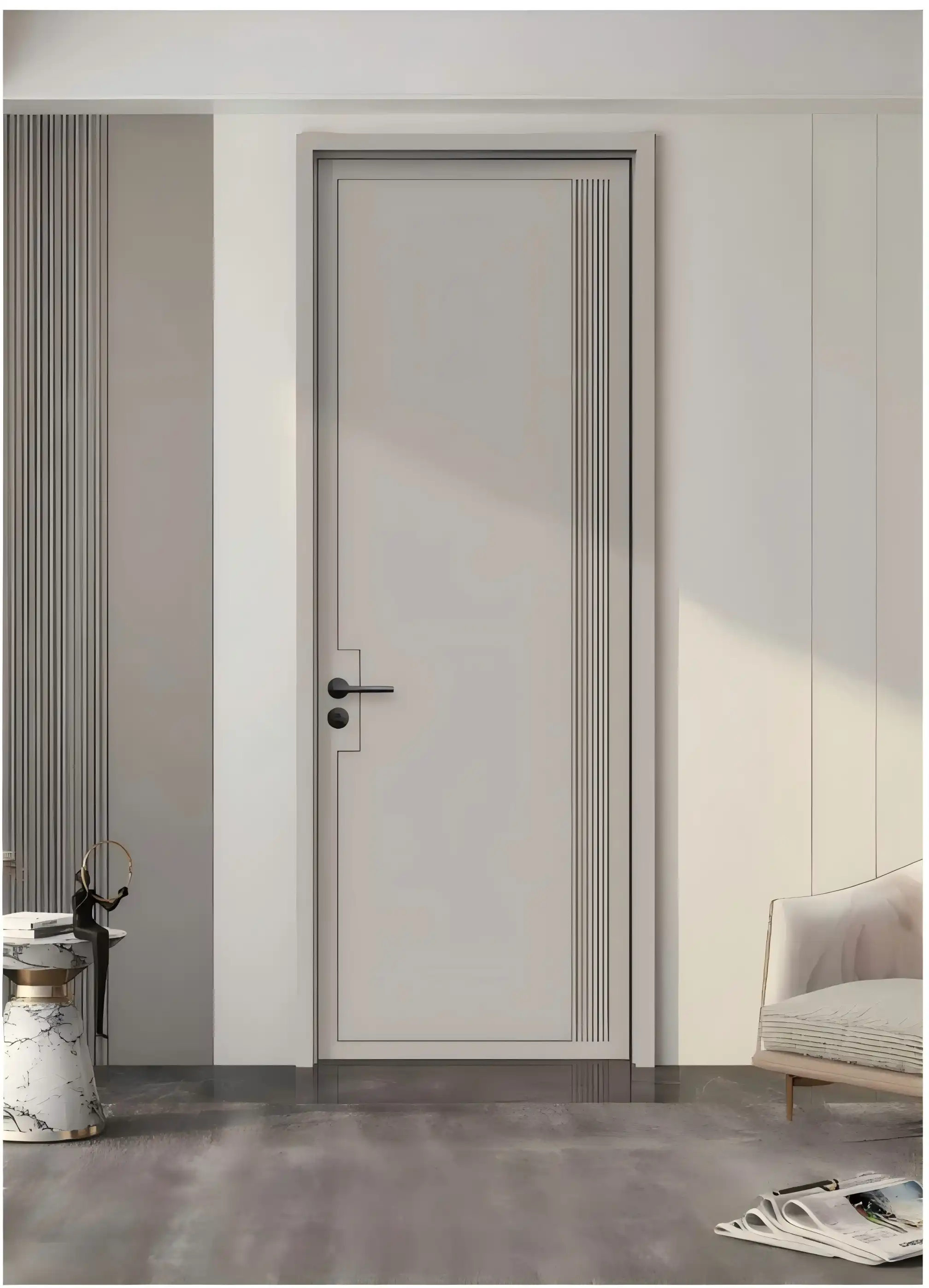 Minimalist White Door with Vertical Groove Detail and Black Hardware