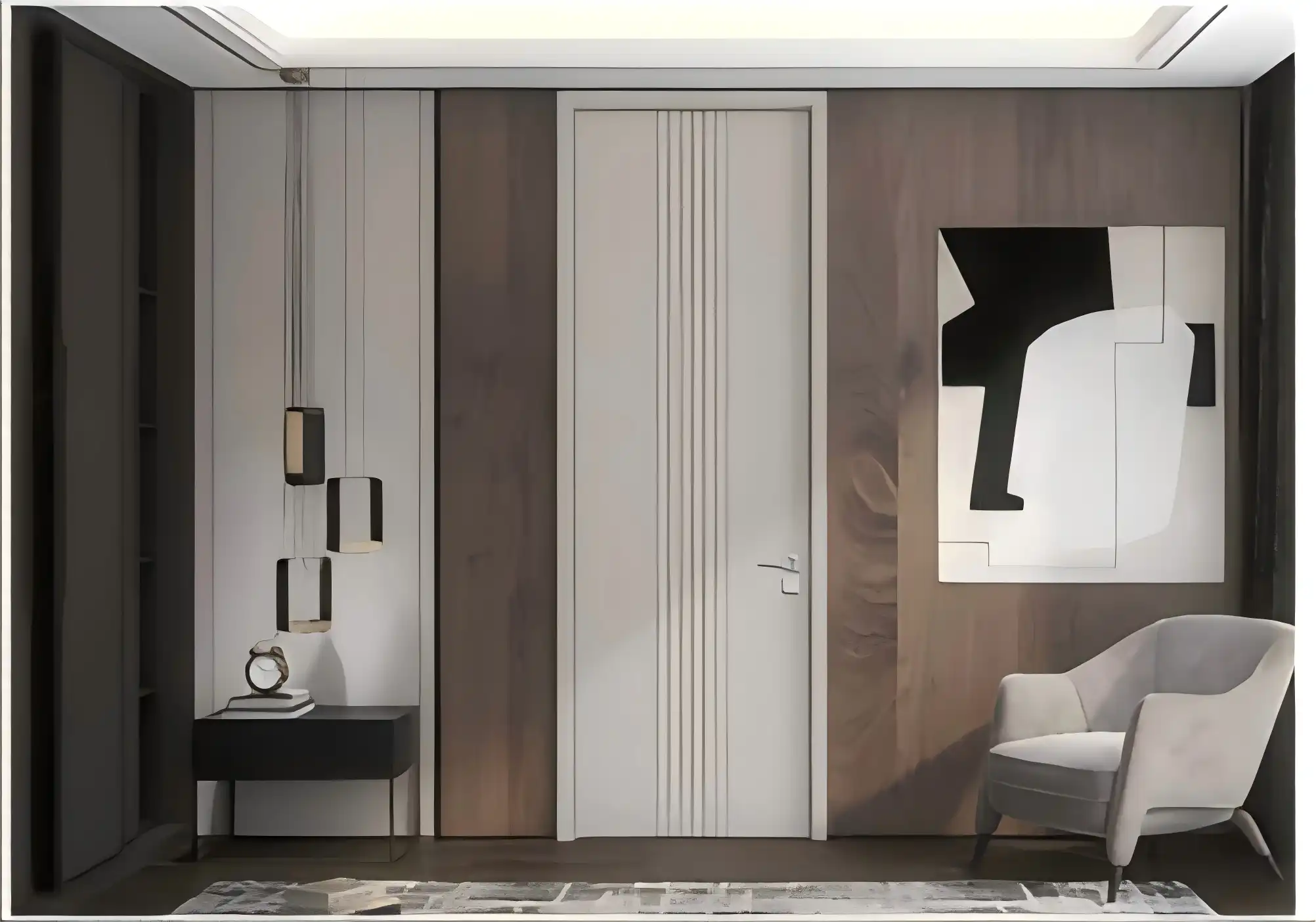 Contemporary Interior French Door with Vertical Ribbed Paneling in Light Gray