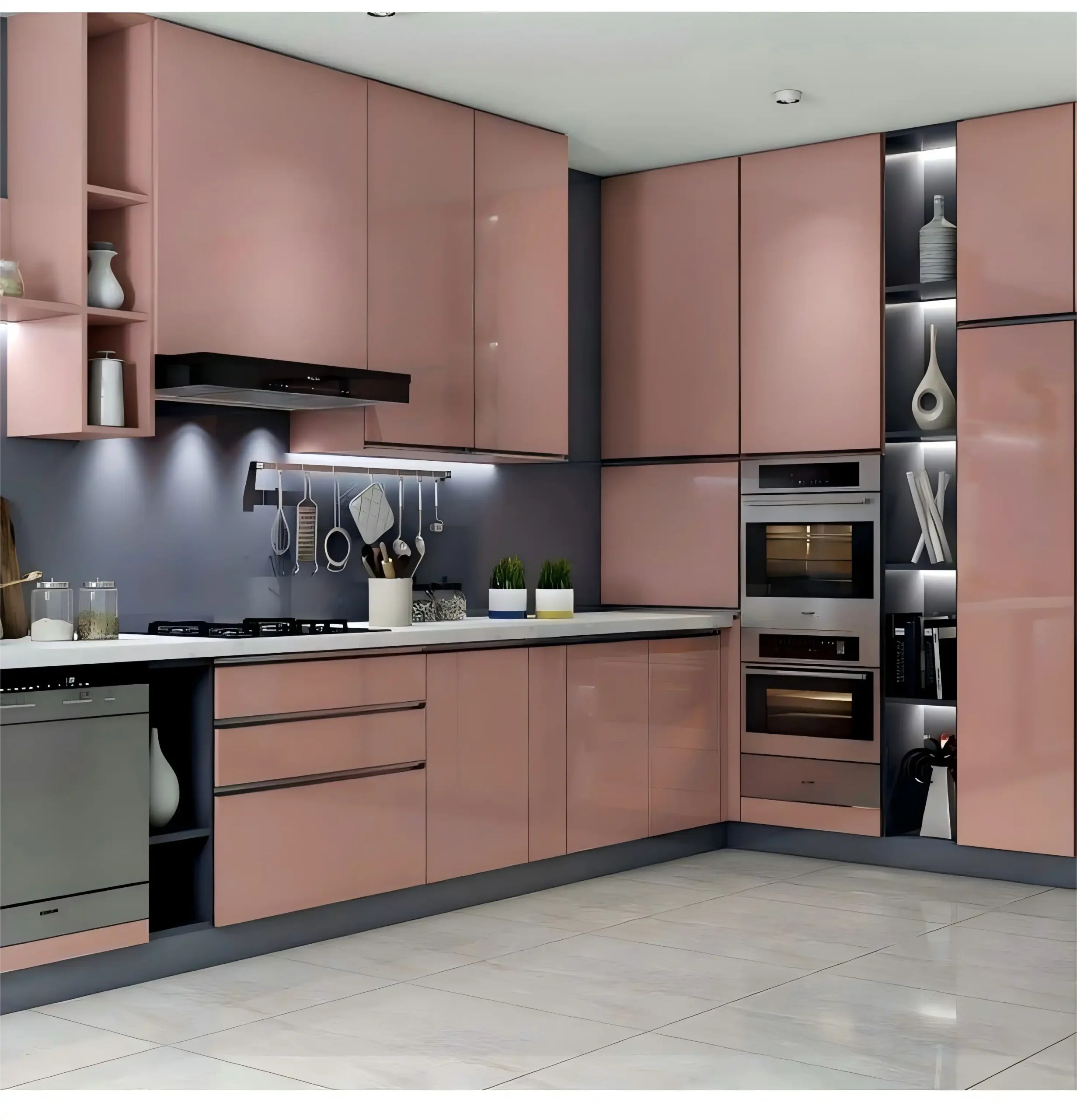 wall kitchen cabinet designs with Soft Pink High-Gloss Finish and Open Shelving