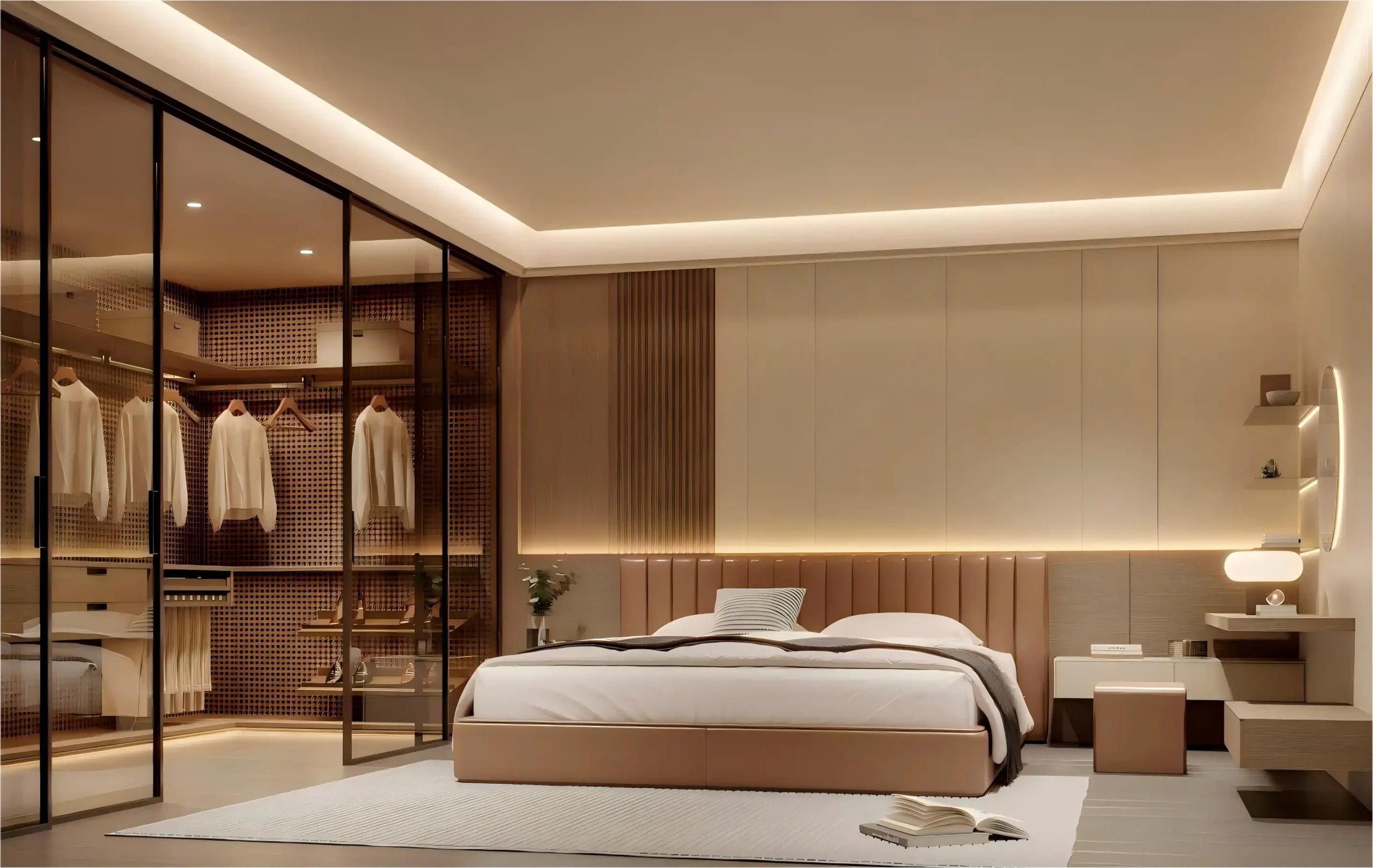 Luxury master bedroom design with glass-enclosed closet, leather headboard, and recessed ceiling lighting