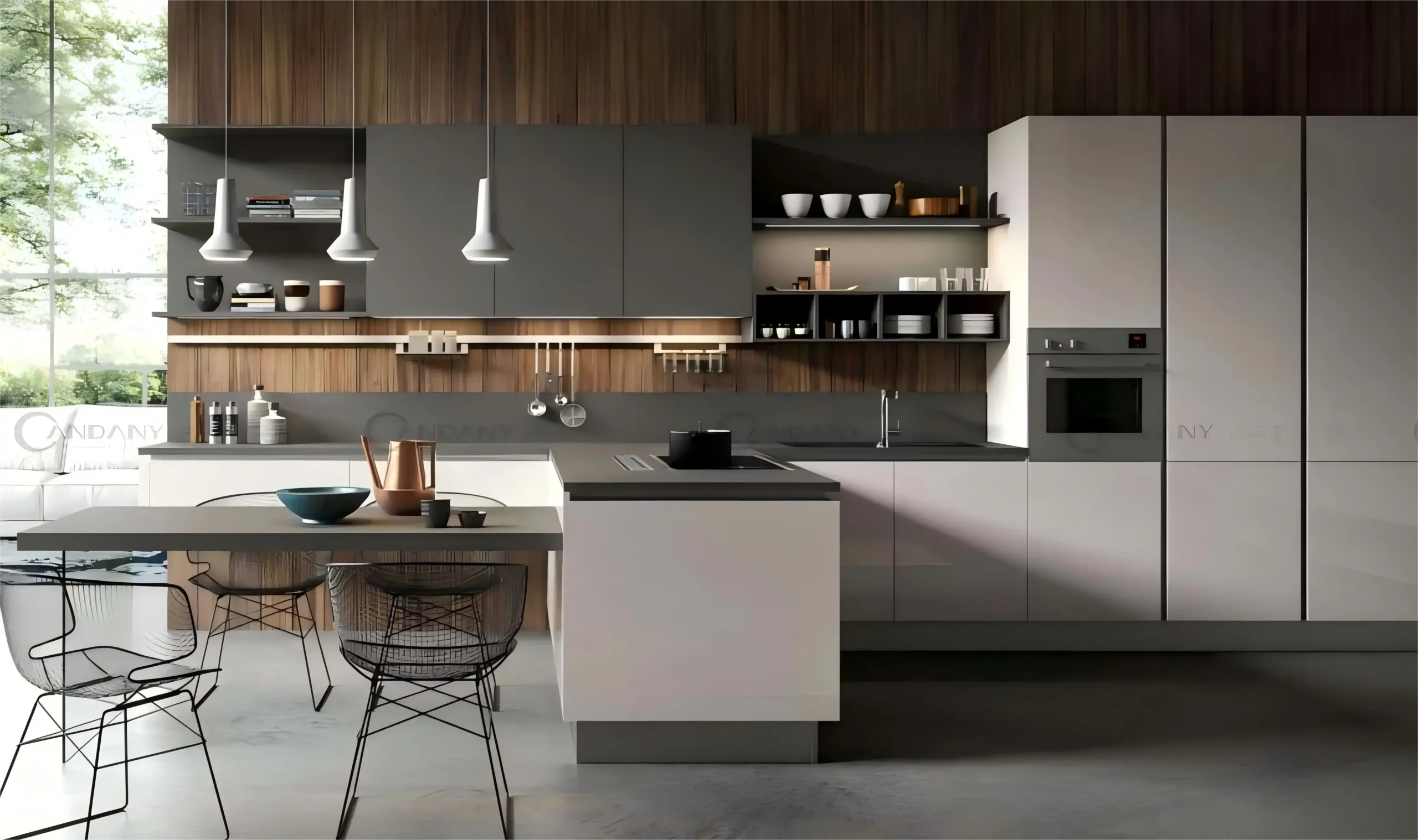 Modern Two-Tone Dark Gray and Light Wood Kitchen Cabinets with Open Shelving