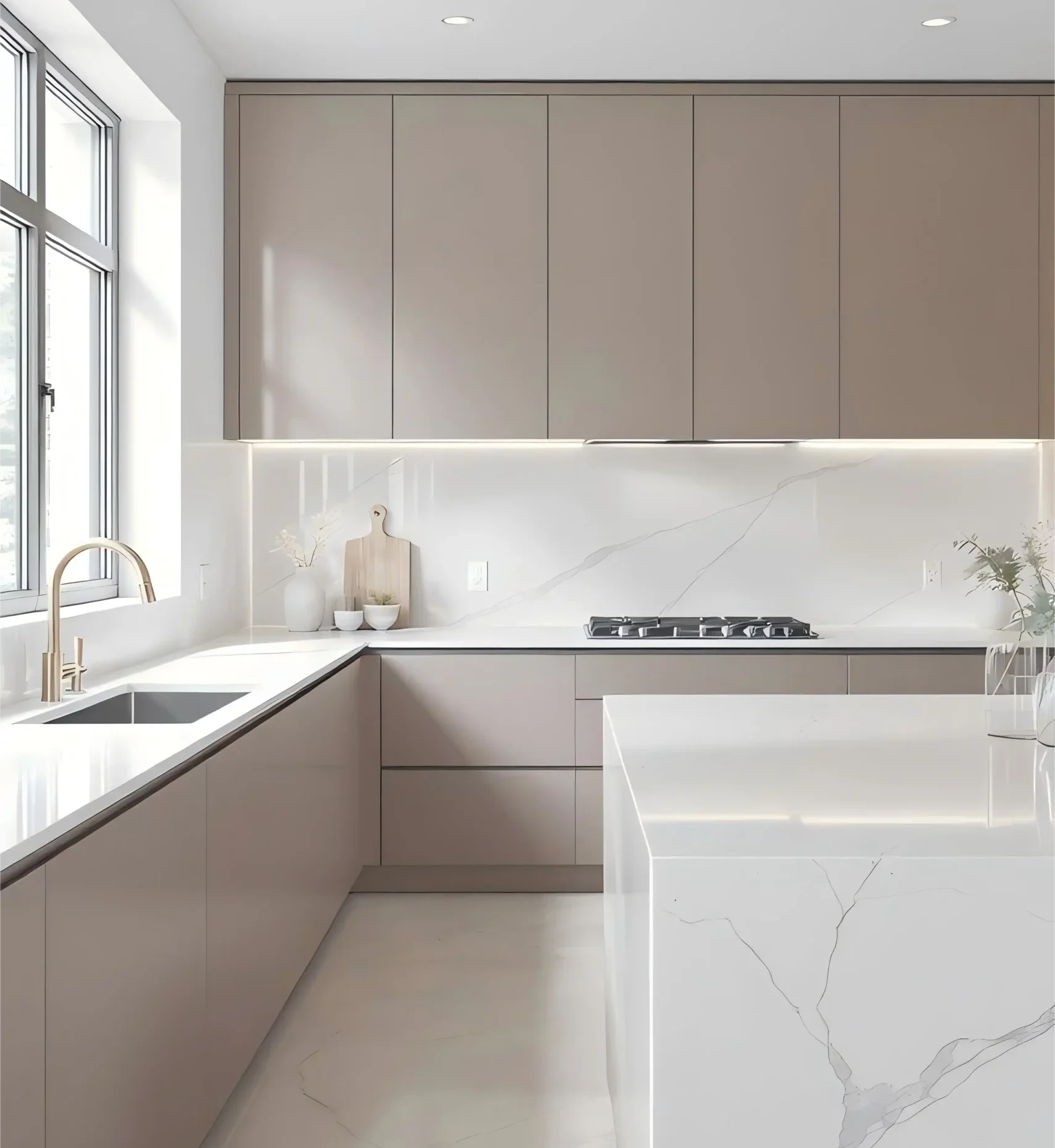 Kitchen Cabinet Color Trends: Elegant Taupe Kitchen Cabinets with White Marble Countertops and Gold Accents