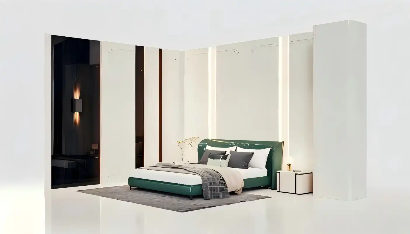 Minimalist master bedroom interior with green leather bed, white paneled walls, and glass partition