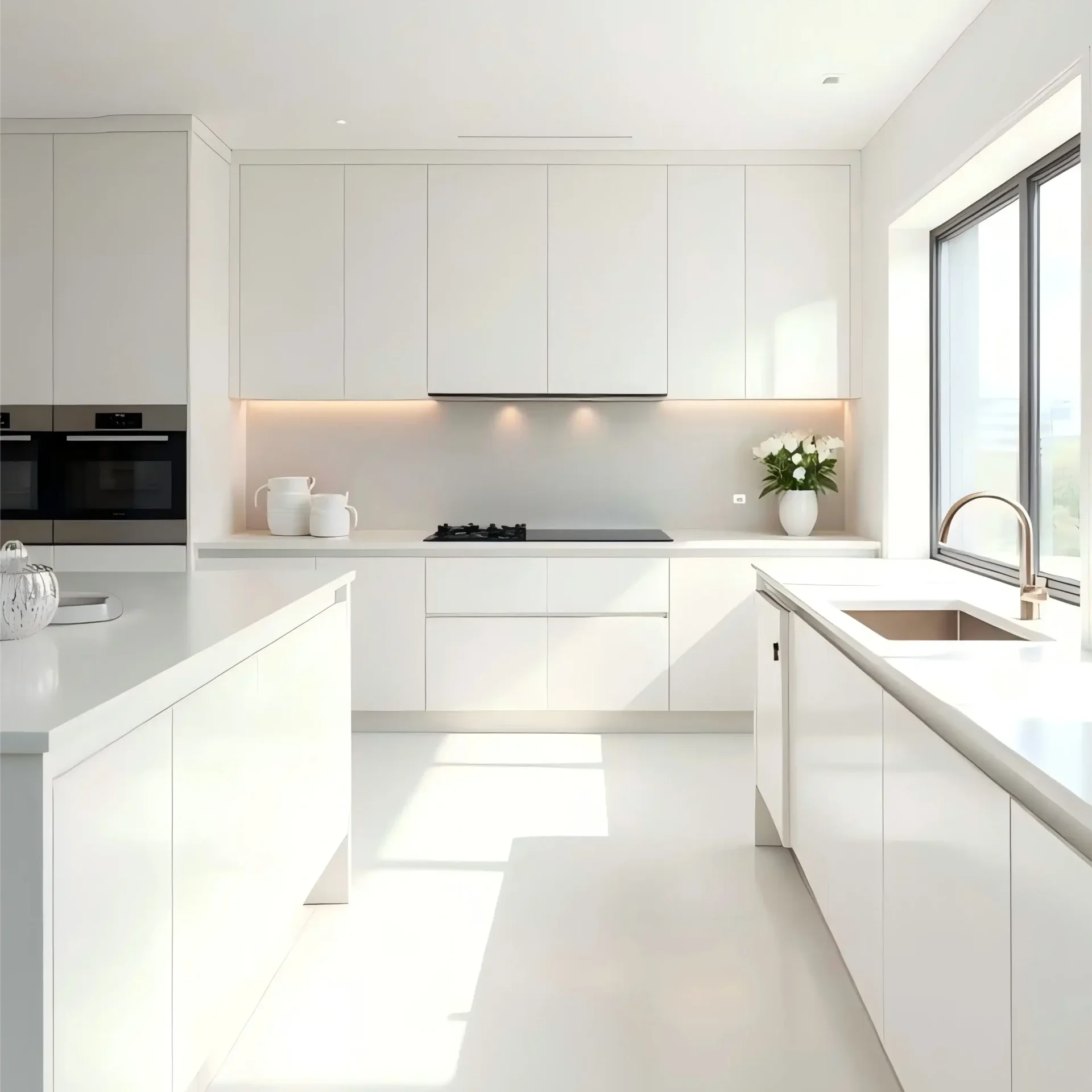 Bright White Kitchen Cabinets with Handleless Design and LED Lighting