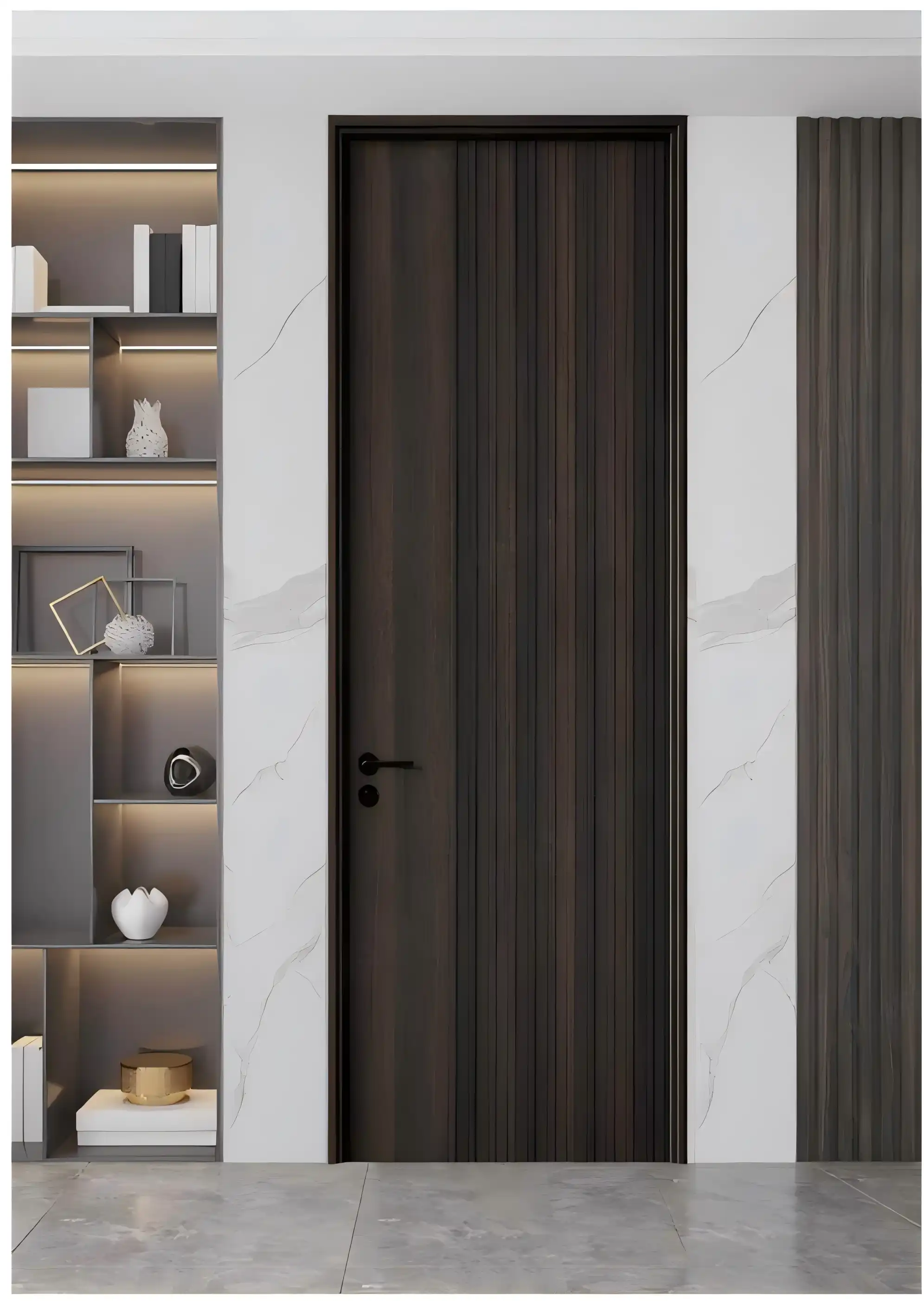 Modern Dark Brown Ribbed Wooden Door with Integrated Shelving and LED LightingModern Dark Brown Ribbed Wooden Door with Integrated Shelving and LED Lighting