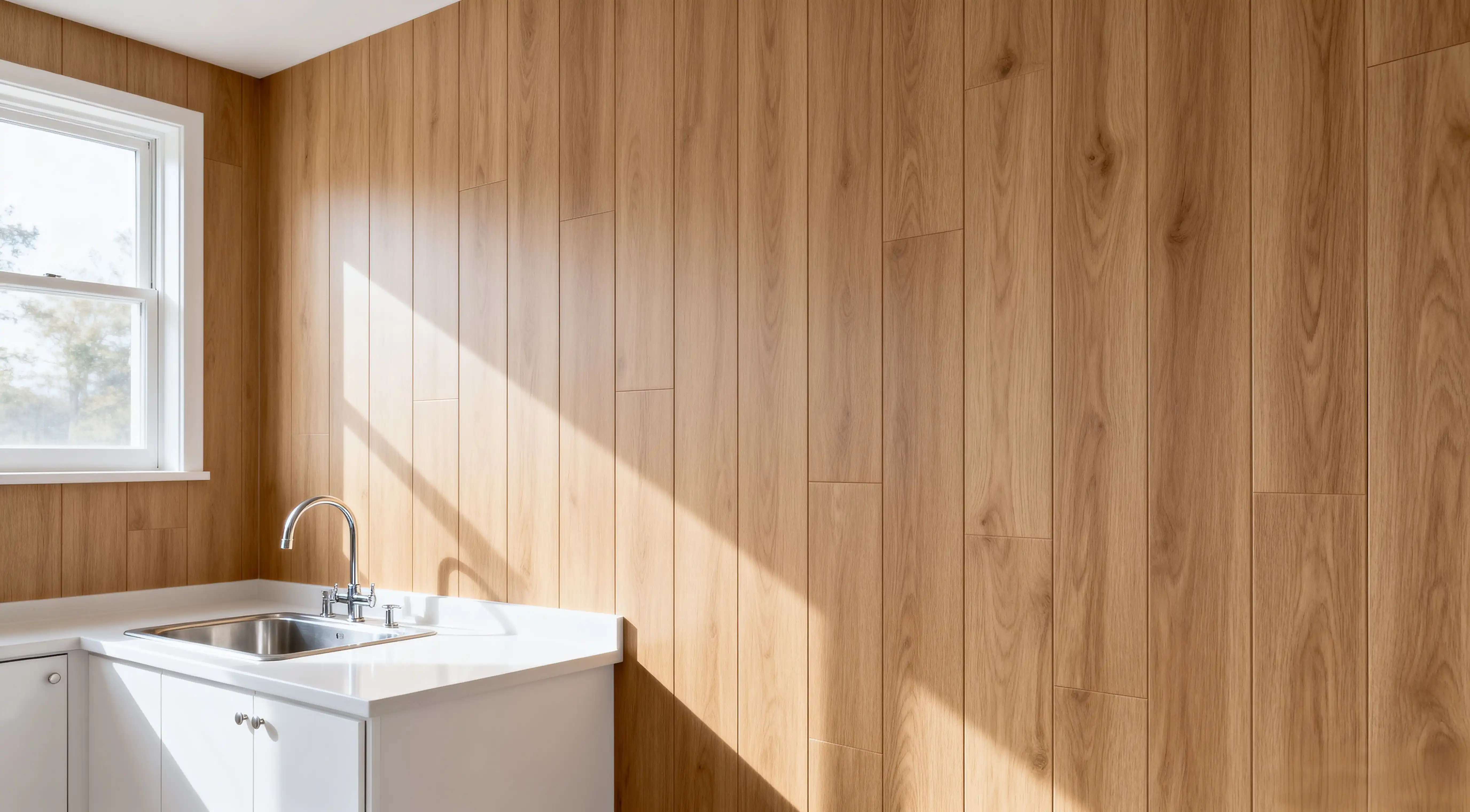 Modern Kitchen with Light Wood Grain Wall Panels and Abundant Natural Light
