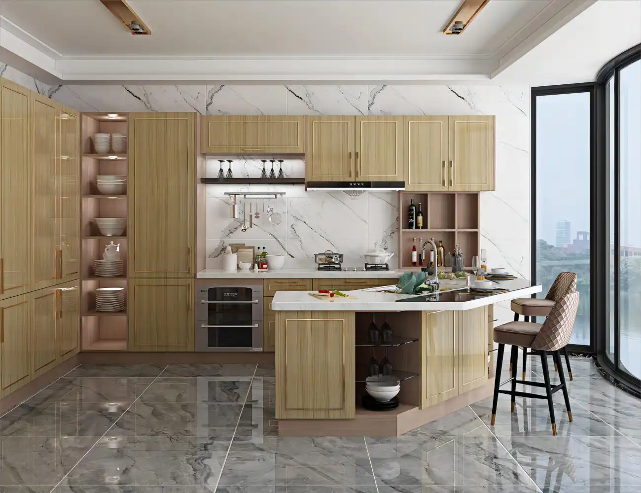 3D isometric floor plan of modern apartment with integrated living room, kitchen, bedroom, and home office spaces, showcasing whole-house interior design solution by KEJIA KITCHEN