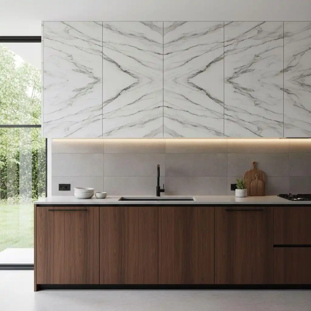 Bookmatched marble veneer upper cabinets with walnut lower frameless kitchen design