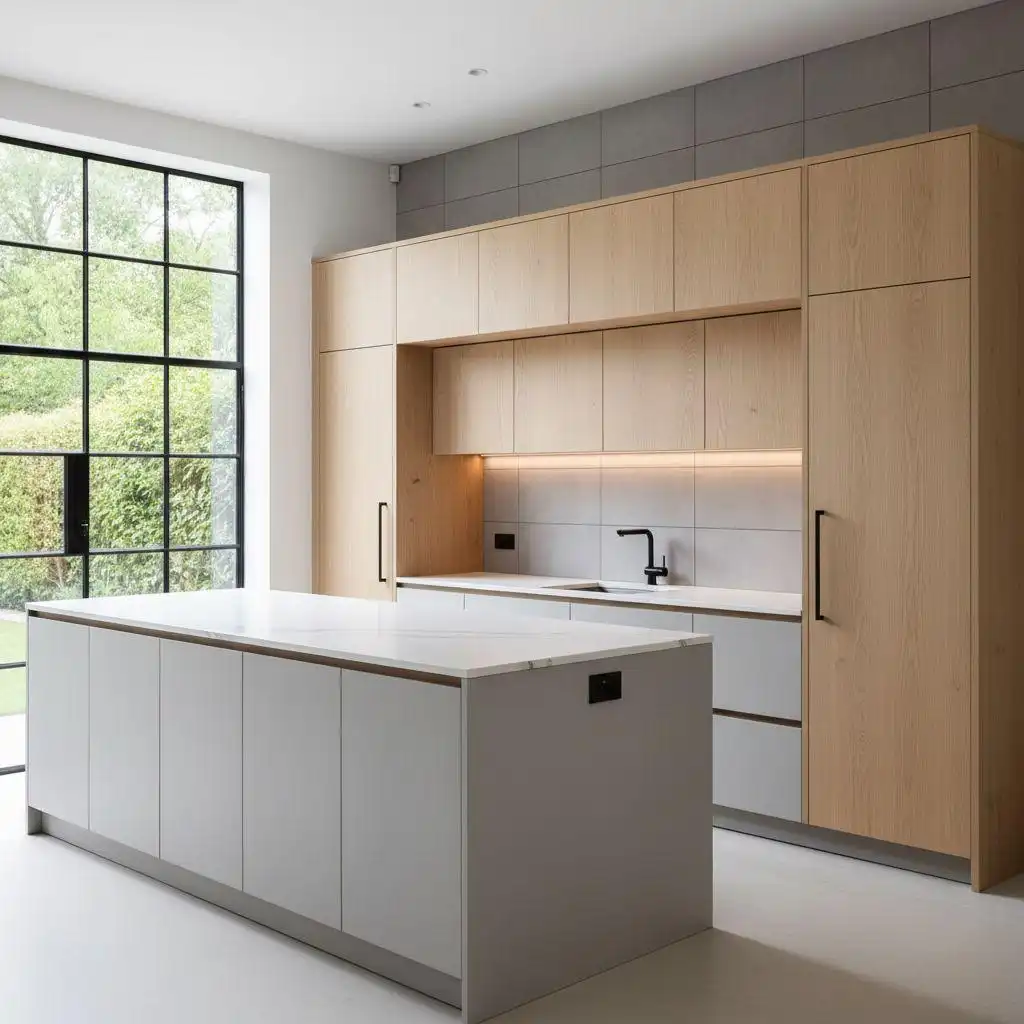 Cement board and oak hybrid design modern frameless kitchen cabinet with island