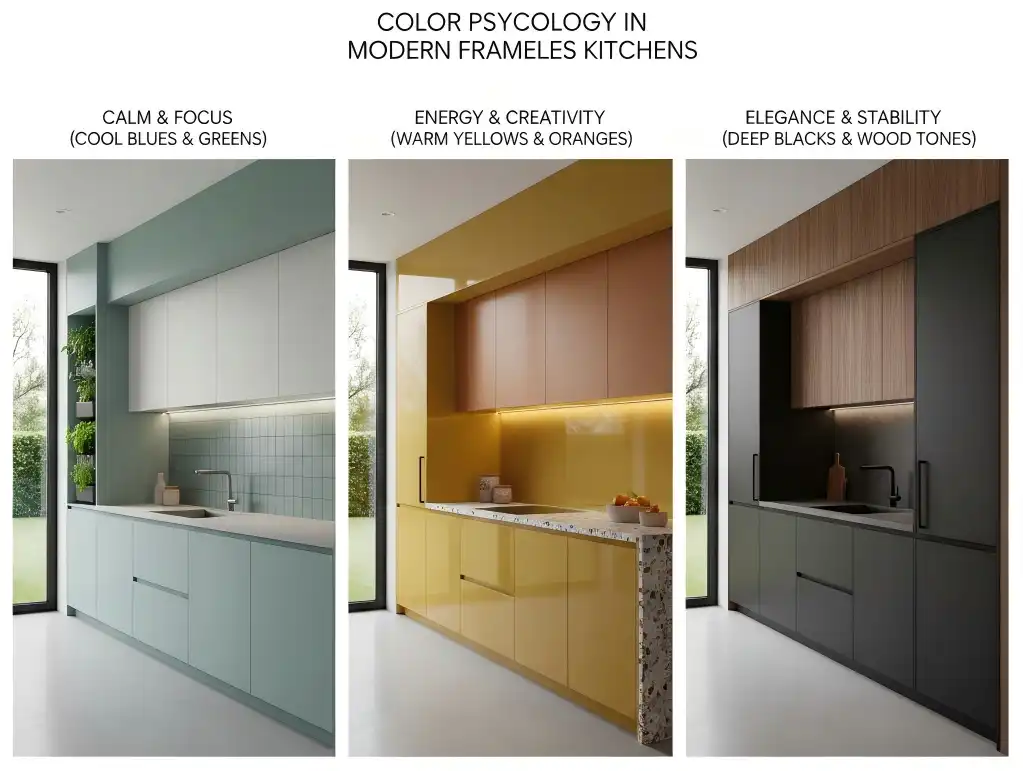 Color psychology in modern frameless kitchens: cool blues, warm yellows, deep blacks design