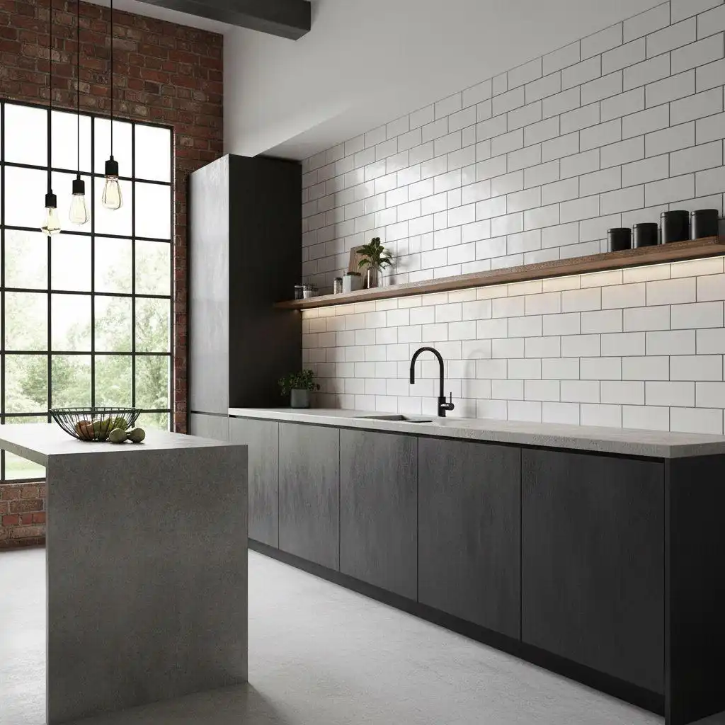 Concrete-effect laminate modern frameless kitchen cabinets with industrial brick wall