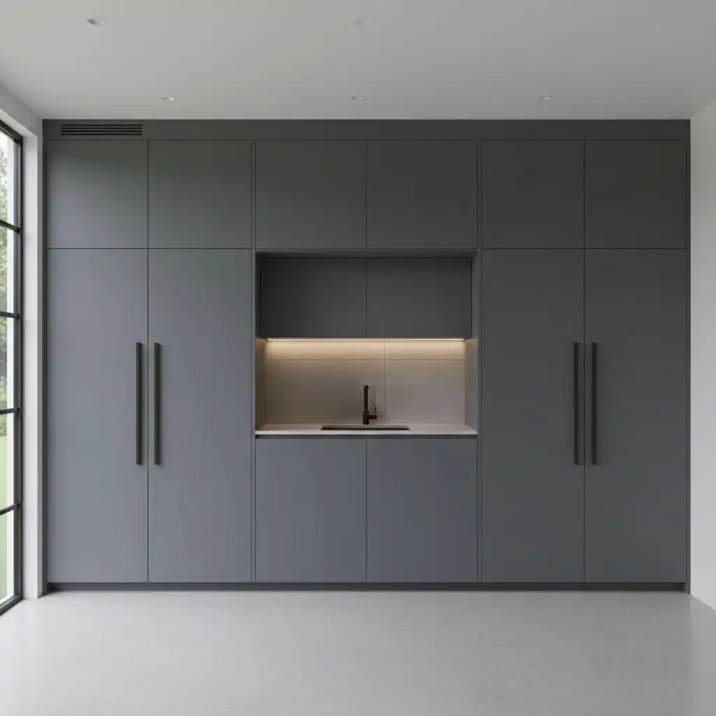 Dark gray full-height cabinet columns modern frameless kitchen design with hidden storage