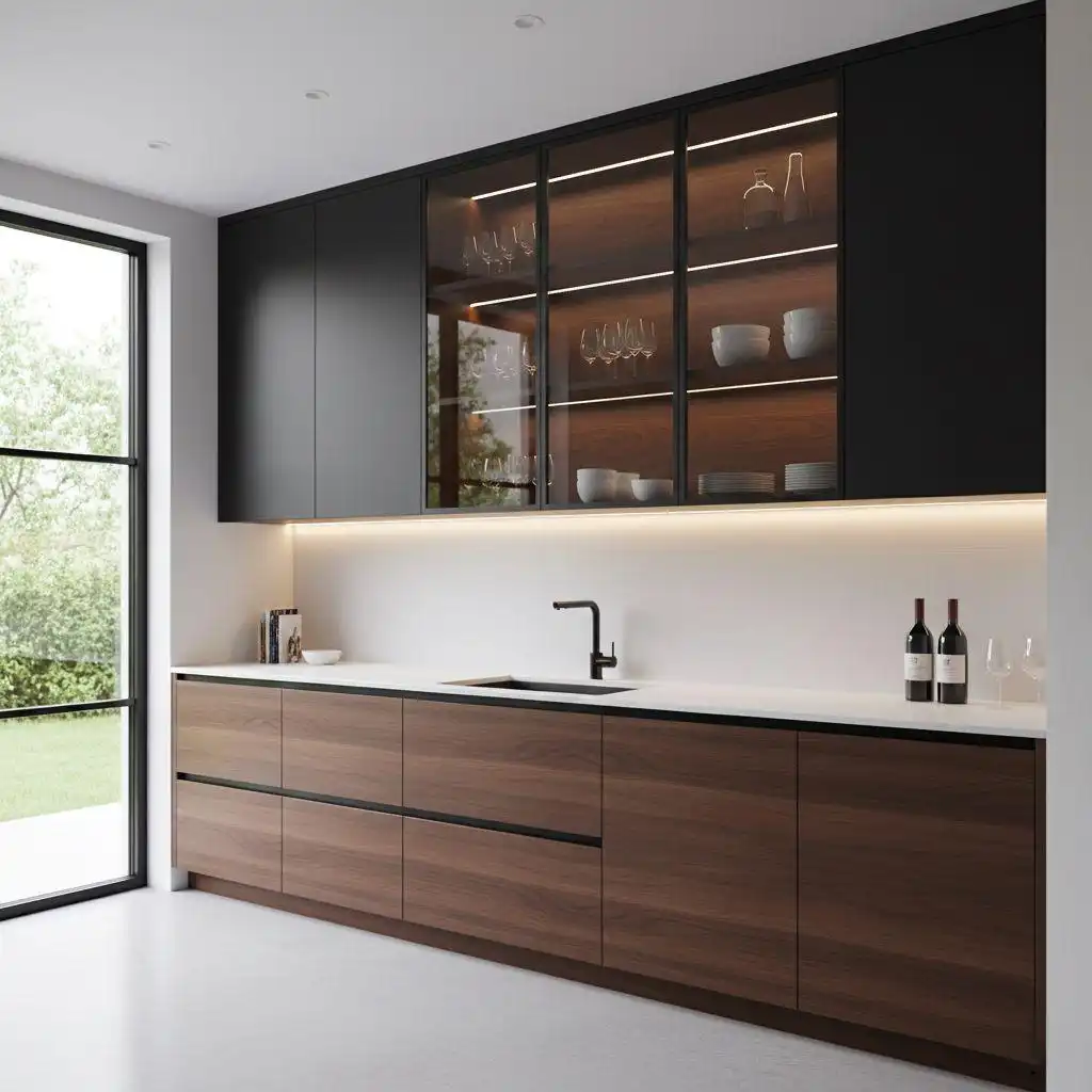 Black frameless kitchen cabinet with glass-front upper cabinet integration and LED lighting