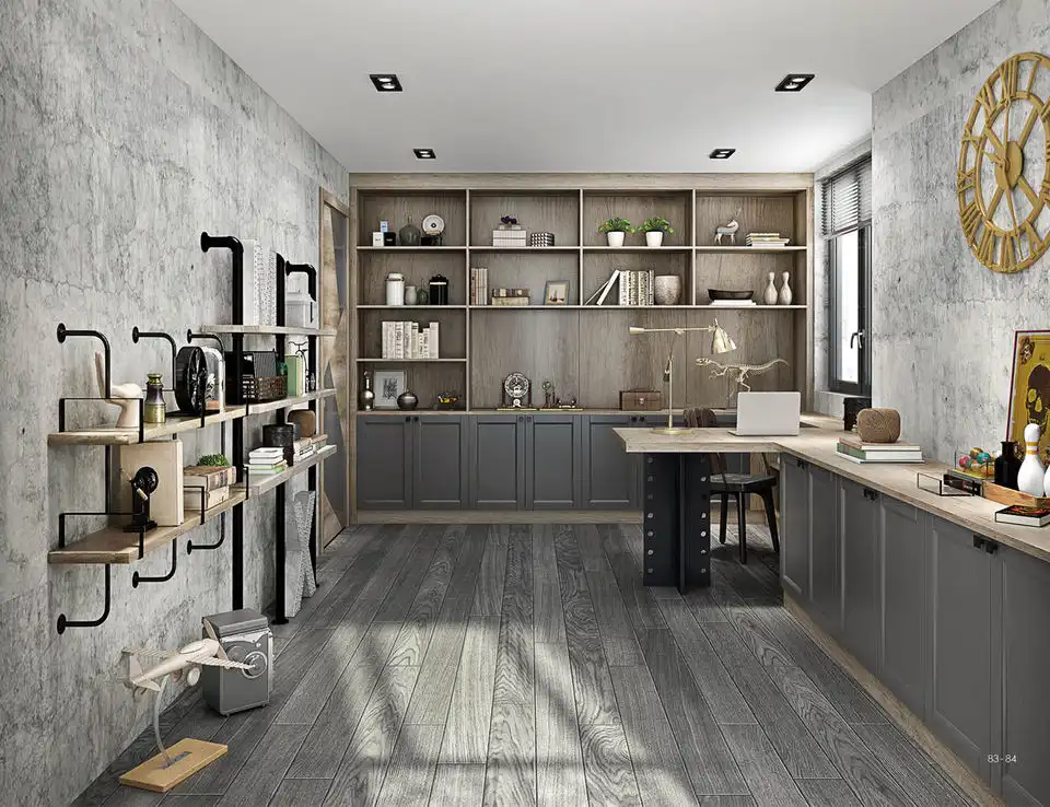 Industrial-style home office with custom gray cabinetry, wooden shelving, and integrated workspace for whole-house customization