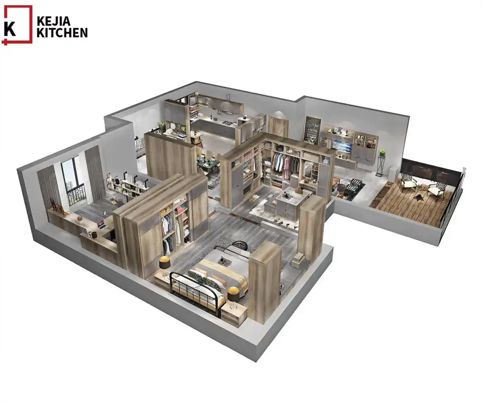 Industrial-style home office with custom gray cabinetry, wooden shelving, and integrated workspace for whole-house customization