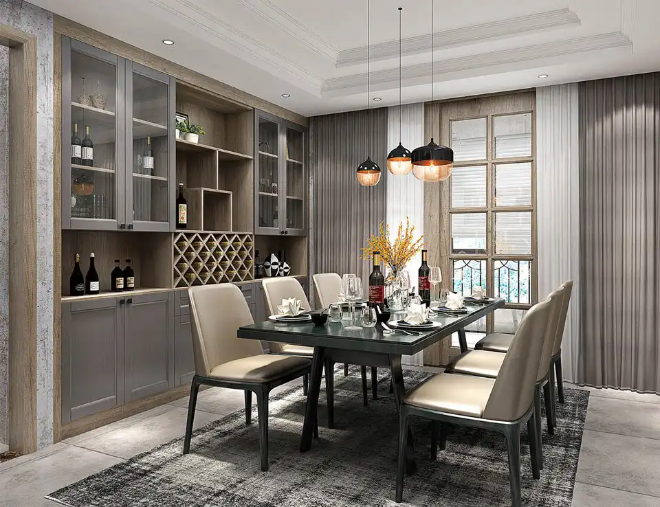 Industrial-style home office with custom gray cabinetry, wooden shelving, and integrated workspace for whole-house customization