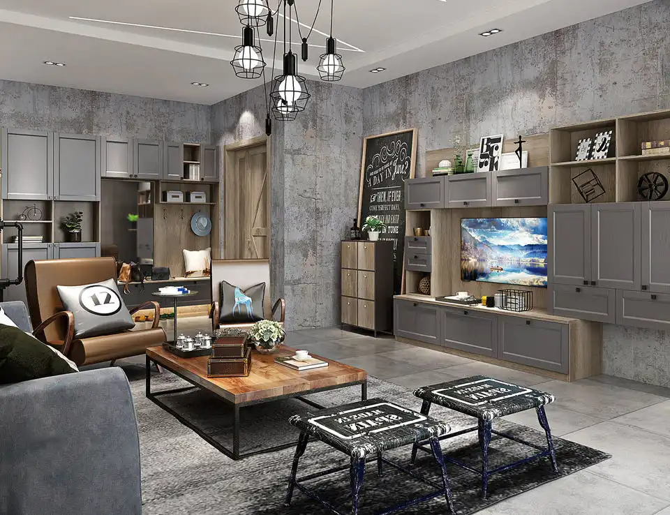 Industrial-style home office with custom gray cabinetry, wooden shelving, and integrated workspace for whole-house customization