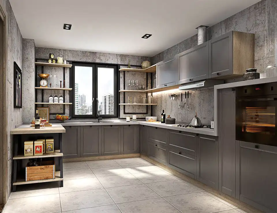 Industrial-style home office with custom gray cabinetry, wooden shelving, and integrated workspace for whole-house customization