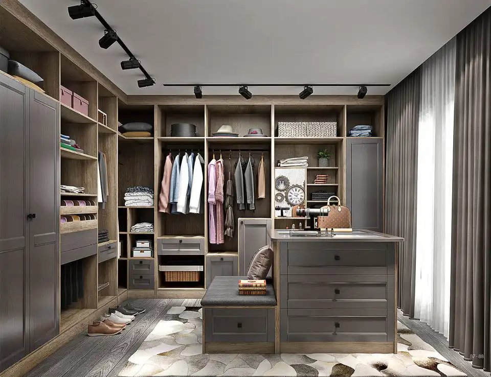 Industrial-style home office with custom gray cabinetry, wooden shelving, and integrated workspace for whole-house customization
