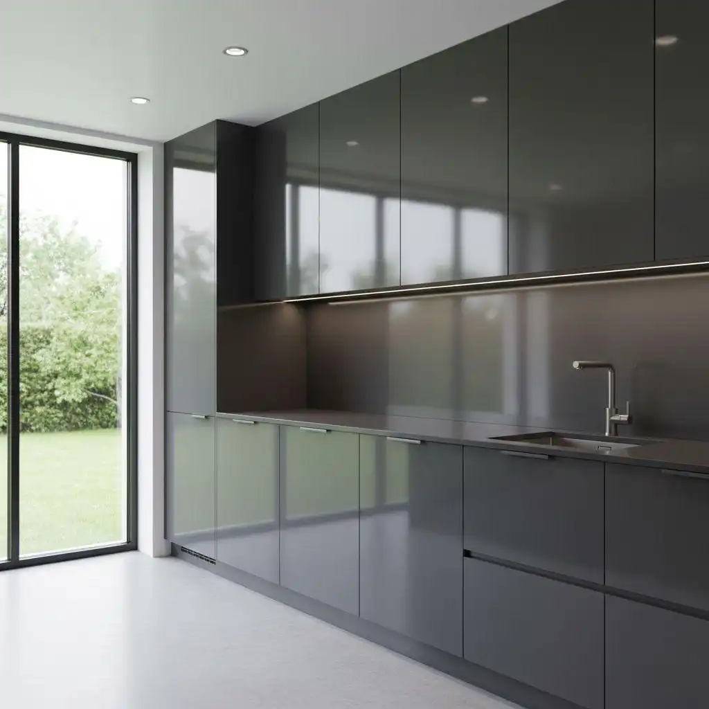 Deep gray high-gloss lacquer modern frameless kitchen cabinets with integrated lighting
