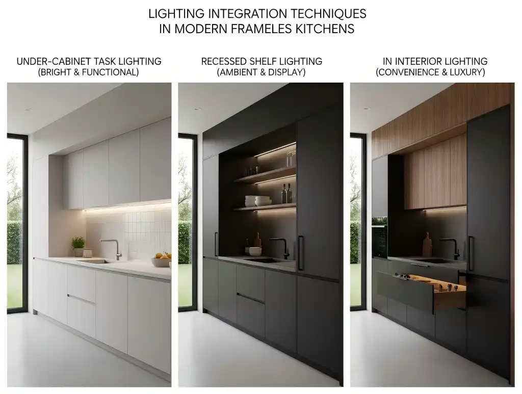 Lighting integration techniques in modern frameless kitchens: task, ambient & interior lighting