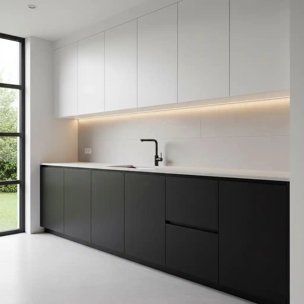 Matte black lower cabinets with white upper frameless kitchen cabinet design
