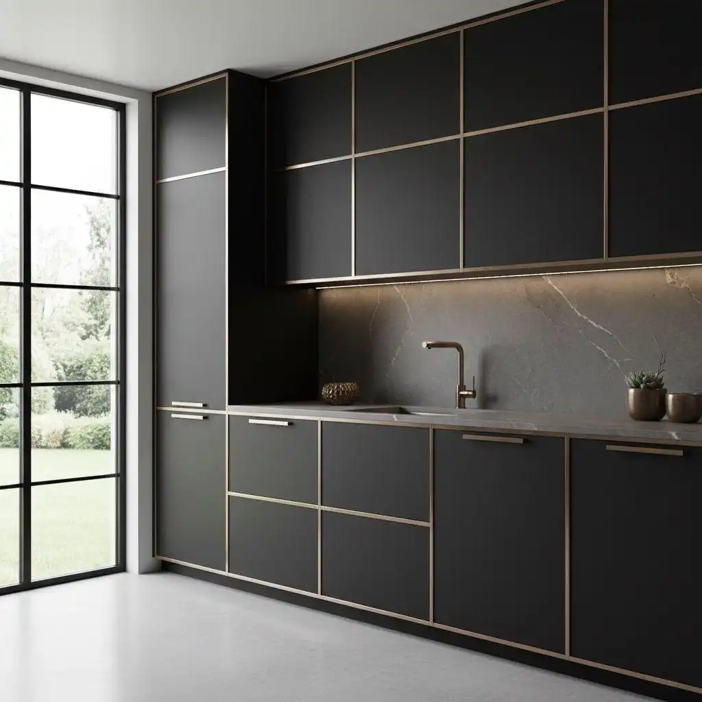 Black frameless kitchen cabinet with metallic champagne bronze accent strips
