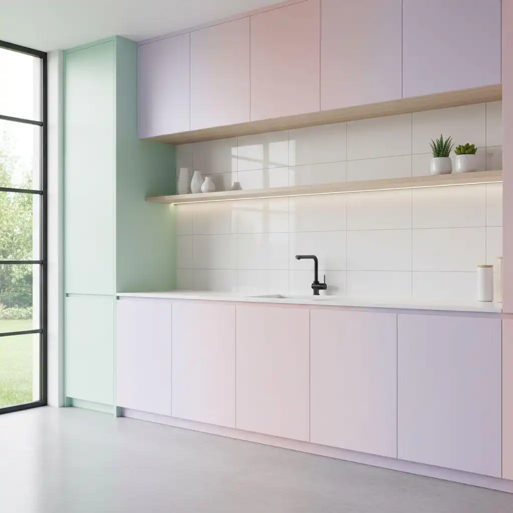 Pastel ombre gradient modern frameless kitchen cabinets with wooden floating shelves