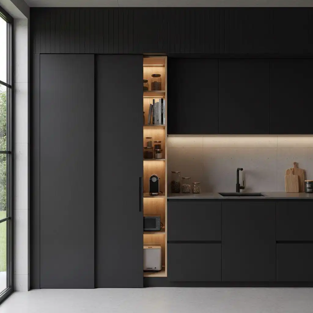 Black sliding door pantry integration with modern frameless kitchen cabinet storage